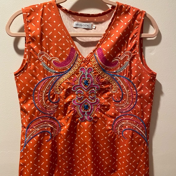 MISSLOOK Tops - Cream and orange silky boho top multicolored embroidery